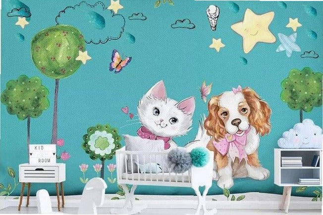beibehang Custom watercolor hand-painted adorable cat dog pet animal kids room backdrop 3d papel de parede wallpaper