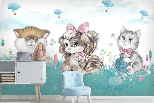 beibehang Custom watercolor hand-painted adorable cat dog pet animal kids room backdrop 3d papel de parede wallpaper